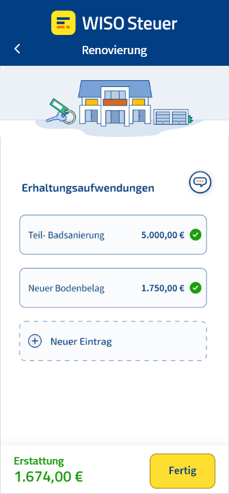 Eingabemaske für Renovierungskosten in der App WISO Steuer