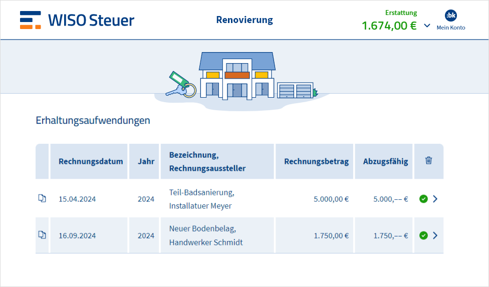 Eingabemaske für Renovierungskosten in WISO Steuer