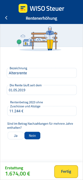 Vorschau aus der App WISO Steuer für die Eingabemaske von Rentenerhöhungen