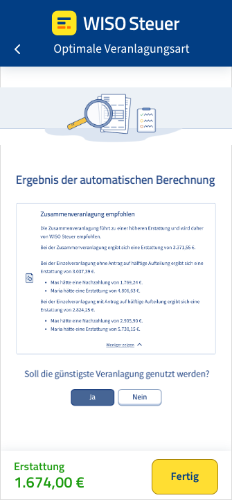 Vorschau der Vergleichsberechnung zwischen den Veranlagungsarten aus der App WISO Steuer