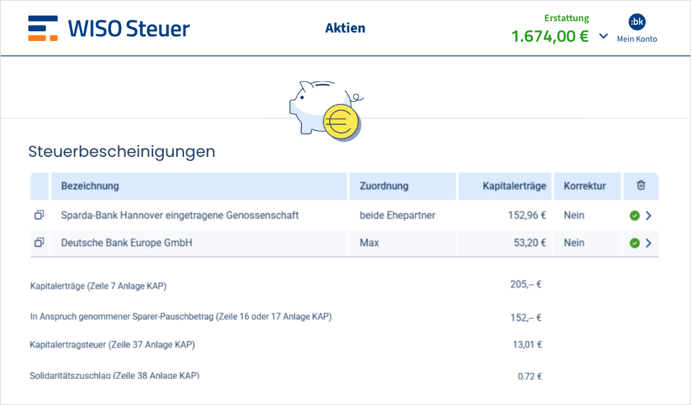 Eingabemaske für Kapitalerträge in WISO Steuer