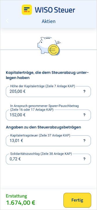 Eingabemaske für Kapitalerträge in der App WISO Steuer
