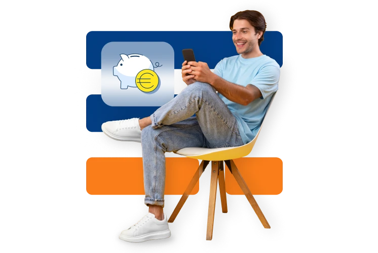 Student sitzt auf Tisch und nutzt Smartphone; Symbol: Sparschwein mit Münze.