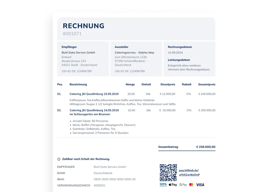 Illustration einer von WISO Business erstellten E-Rechnung.