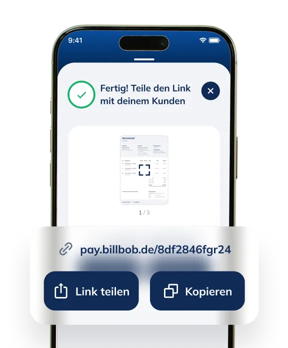 Illustration der WISO Business App mit einem Zahlungslink an einen Kunden,