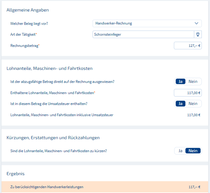 Schornsteinfeger Steuererklärung eintragen Formular