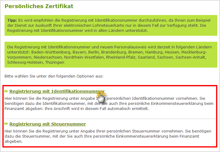 ELSTER: Digitale Signatur beantragen > So geht's