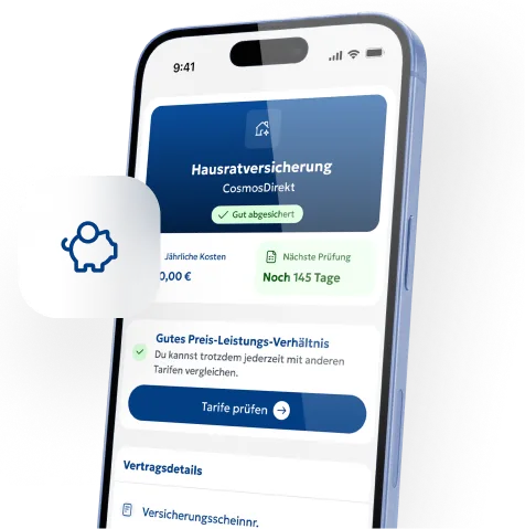 Smartphone mit Versicherungsmanager zeigt Hausratversicherung, Tarifprüfung und Vertragsübersicht.