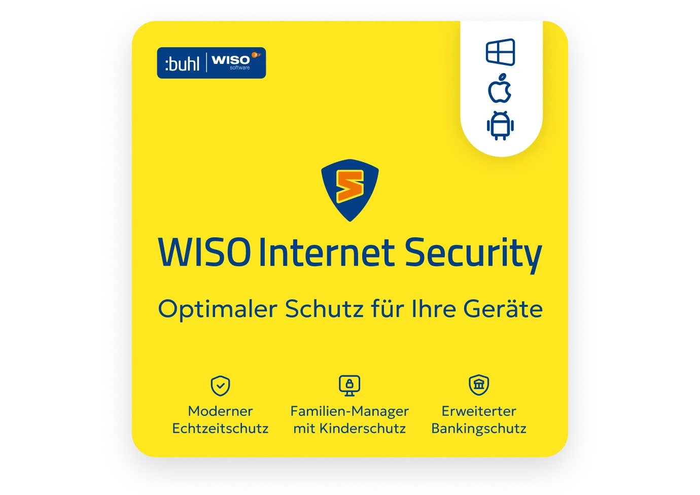Gelbe Produktkarte von WISO Internet Security mit Schutzfunktionen fuer Windows, Mac und Android