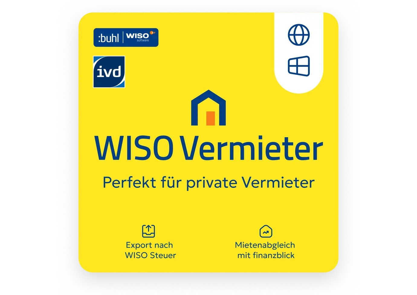 Produktkarte von WISO Vermieter 365 für private Vermieter mit Hinweisen zum Steuer-Export und Mietenabgleich